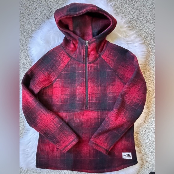 The North Face Sweater Womens S Crescent Red Black Plaid Pullover Hoodie - Picture 3 of 7